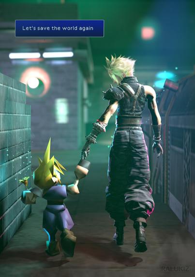 Illustration de Ralukiz montrant Cloud Strife de dos (en tenue de soldat, cheveux courts, blond), héros de final fantasy 7. Il est représenté en version modélisée 3D tiré du remake de final fantasy 7 et il tient la main à sa version pixelisée tirée du jeu originel datant de 1997 qui est plus petite que lui et qui tient une fleur. Une fenêtre de dialogue fond bleu, lettrage blanc précisant "let's save the world again" a été rajouté au dessus d'eux.