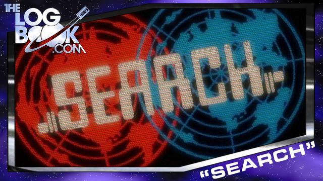 The title graphic from the 1972 television series "Search", showing the logo in a retro high-tech font over two polar projection maps of the Earth.