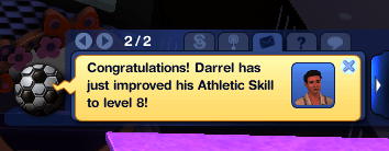 A game notification congratulating a character named Darrel for improving his athletic skill to level 8, with an icon of a soccer ball and a character image.
