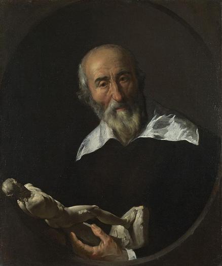 An ageing bearded man looks out of the painting, holding a statuette in his left hand. He is painted within an oval fictive stone frame and the statuette emerges from the painted space into our own, making the sitter seem all the more lifelike. The statuette indicates that the man represented here may be a sculptor or a collector – there are no other clues as to his identity.