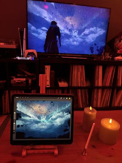 Photograph of a table easel set up with an iPad in front of a TV showing the game. It's a messy fantasy horizon with a lot of blue light, floating rocks, auroras and a circle and a glowing number 33. You can see my digital painting below, and the view above that on the TV. Also, a bit of my living room. Candles, a vinyl collection, coffee table. The light in the room is a bit orange.