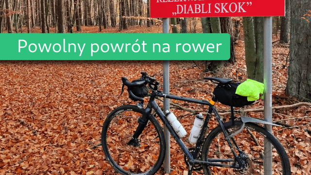 Ciemnoniebieski rower szutrowy oparty o czerwoną tablicę z nazwą rezerwatu „Diabli skok”. Cały las dookoła jest usłany pomarańczowymi liścmi.