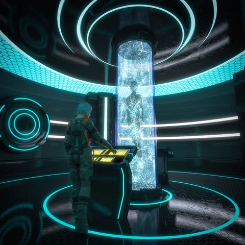 The scene takes place in a sleek, futuristic laboratory glowing with cool blue and teal lights. The room is circular, with smooth metallic walls and illuminated rings embedded in the floor and ceiling. In the center stands a tall cylindrical chamber filled with shimmering, crackling energy—almost like swirling ice or digital static. Inside the chamber is the faint silhouette of a human figure suspended upright, as if being formed or preserved.
A person with short, light-colored hair stands nearby, facing the chamber. They wear a fitted, high-tech jumpsuit with padded sections, as though they’re an engineer or scientist. In front of them is a console with glowing yellow screens, and their hand is placed on the controls as if operating the machine or monitoring the figure inside.
The atmosphere feels quiet, sterile, and slightly ominous—like an advanced research facility where something powerful or mysterious is happening. The contrasting neon lights and dark metal surfaces give the whole room a sci-fi, almost otherworldly feel.