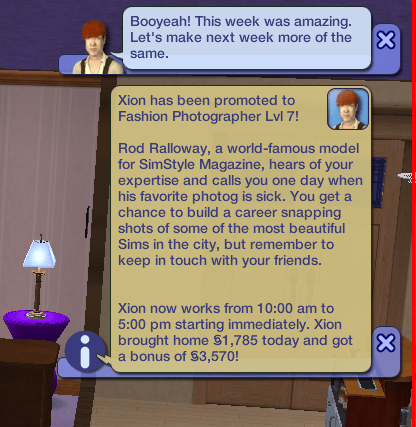 A character in a virtual environment excitedly discusses their recent achievements, mentioning a promotion to Fashion Photographer with details about a world-famous model and their work schedule.