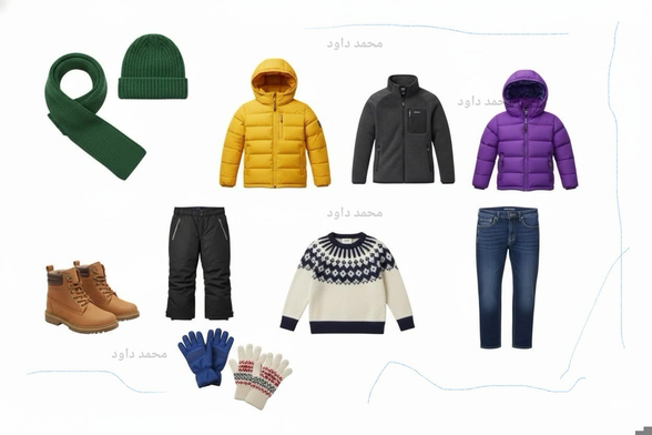 A collage of winter clothing items against a white background, including a green scarf and beanie, a yellow hooded jacket, a black fleece jacket, a purple hooded jacket, black ski pants, a patterned sweater, blue jeans, a pair of brown work boots, blue gloves, and patterned gloves; with the Arabic text "محمد داود" next to several of the items.