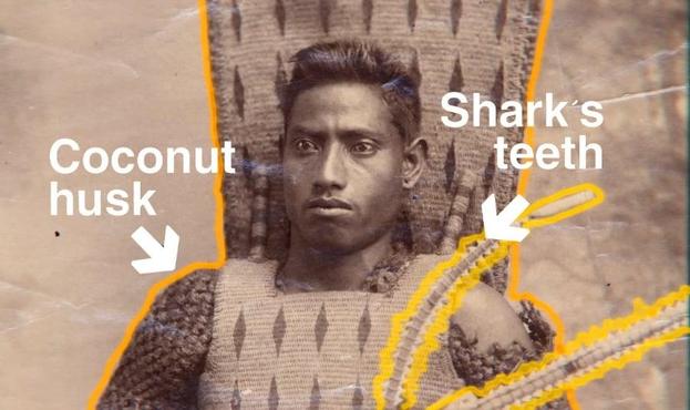 Historical photograph showing traditional I-Kiribati warrior armor with woven coconut fiber chest protection and a weapon decorated with shark teeth.