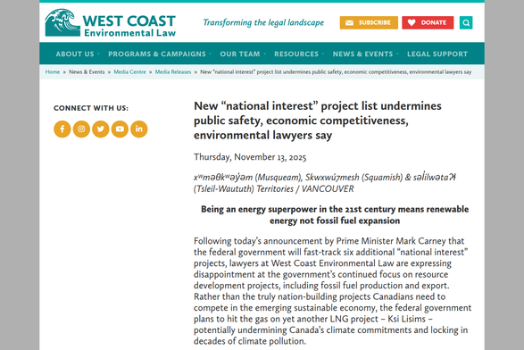 A press release from West Coast Environmental Law, reading "New “national interest” project list undermines public safety, economic competitiveness, environmental lawyers say"