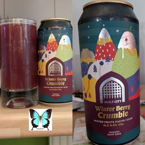 Two photos joined together, on the left a tall beer glass with the beer in a plum colour plus the can, on the right a close up of the beer can, the colkours are plum and teal. The Vault City Portcullis is in a silver colour. Written on the can it says Winter Berry Crumble, a winter fruits pastry sour beer, ALC 6.0% VOL, a modern sour beer. There is a stylized strawberry and pear on the can with snow capped tops.