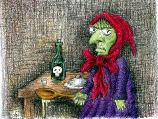 „A hand-drawn cartoon features a character wearing a dress with a bow. It is holding a cooking utensil in one hand, while standing next to a table with a covered dish and a bottle. The scene is drawn in a simple sketchy style.“