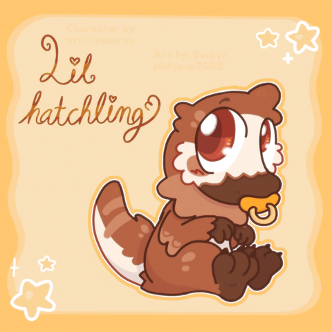 Digital drawing of a fluffy baby dinosaur drawn in a cartoonish, chibi style. They have warm-brown feathers, and they resemble a (heavily stylized) sinosauropteryx. In their mouth is a yellow binky/pacifier. To the left, “little hatchling” is written in cursive.