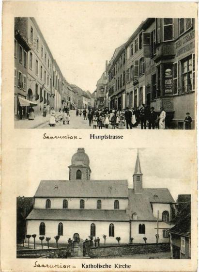Saarunion - Hauptstrasse - Saarunion - Katholische Kirche (#BasRhin)  #CartePostaleAncienne 👉 https://cartorum.fr/carte-postale/397417/saarunion-hauptstrasse-saarunion-katholische-kirche