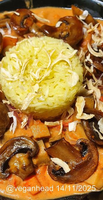 A plate of Aubergine & Mushroom Madras that is surrounding a mound of Basmati Rice. Topped w/ crispy white onion.