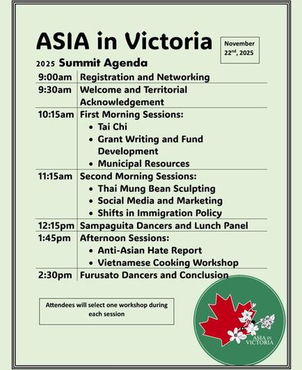 A promotional poster for the "ASIA in Victoria" 2025 Summit Agenda on November 22nd, 2025. It lists a schedule with events from 9:00am to 2:30pm including: "Registration and Networking," "Welcome and Territorial Acknowledgement," sessions for Tai Chi, Grant Writing and Fund Development, and Municipal Resources, Thai Mung Bean Sculpting, Social Media and Marketing, and Shifts in Immigration Policy, as well as a Sampaguita Dancers and Lunch Panel, Afternoon Sessions on Anti-Asian Hate Report and Vietnamese Cooking Workshop, and Furusato Dancers and Conclusion. Attendees will select one workshop during each session. The poster includes a graphic of a red maple leaf with white flowers and the text "ASIA IN VICTORIA".