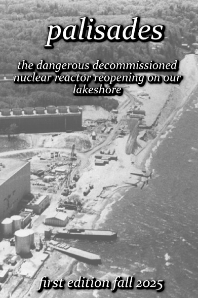 Cover of a zine. The title and subtitle, "palisades: the dangerous decommissioned nuclear reactor reopening on our lakeshore" is at the top, over a black-and-white aerial photo of the palisades nuclear plant on the shore of Lake Michigan. At the bottom is the text "first edition fall 2025".