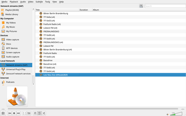 Output of the VLC player, showing the stream, discovered via the Session Announcement Protocol.