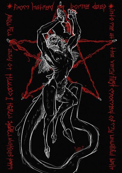 a demonic creature with horns and a thick tail ending in a spade. It is holding a cleaver in its right hand and seems to have cut the fingers off the other hand with it. The finger tips form the tips of a pentacle of blood behind the figure. It's teeth are tightly clenched as it looks at it's dismembered hand. Red text around the border reads "What sinister magic must i commit to free my mind from hatred borne deep into me at the very first moment of my unwilling birth"