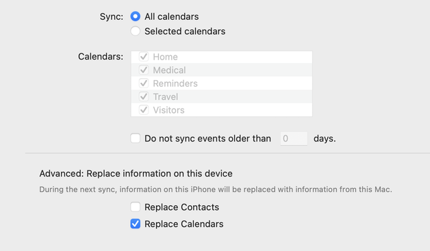 Settings in Finder right before triggering a calendar sync. "Replace Calendars" is clearly selected.