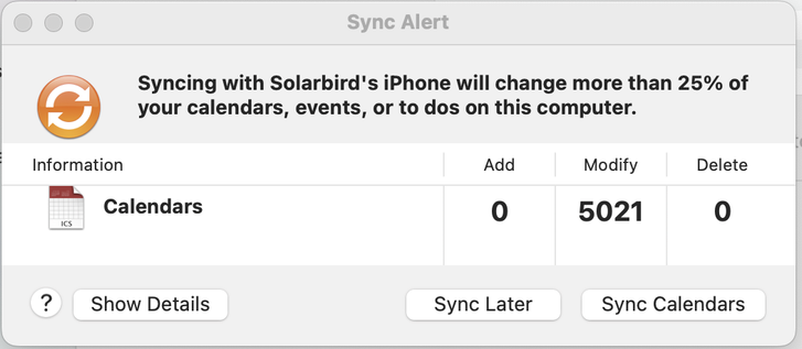Dialogue box saying that syncing calendars will change more than 25% of your calendars on this computer, despite being specifically set to replace all calendars on phone, which are broken.