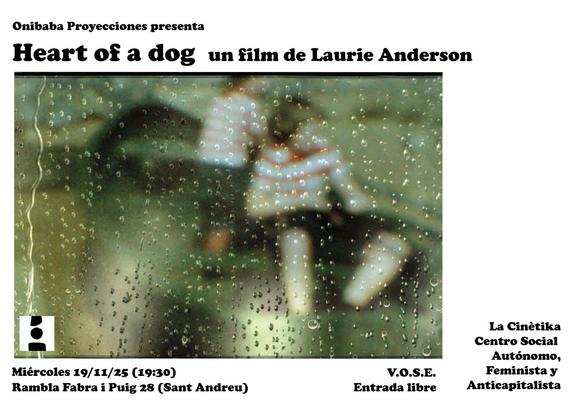 Cartell de la pel·lícula Heart of a dog, amb una fotografia des d'un vidre cobert de gotes de pluja que mira a l'exterior, on hi ha duis nenis amb la mateixa roba. No se'ls identifica.