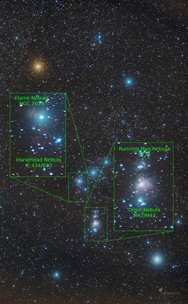 An image of the starry night sky focused on eight bright stars forming the Orion constellation. Two inserts highlight the areas where the nebulae are. The yellow Flame Nebula and the black-on-red Horsehead Nebula are barely visible. The bluish Running Man Nebula is also very faint, but the bright reddish Orion Nebula is clearly distinguishable.