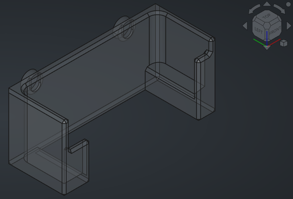 Screenshot aus FreeCAD, der ein transparentes 3D-Modell eines Werkzeughalters für Lochplatten zeigt. Der Halter verfügt über zwei Befestigungspunkte an der Rückseite und offen Bereiche an der Ober- und Unterseite zur Aufnahme eines Werkzeugsets (Wera Hex Plus). Dieser Halter wurde 3D-gedruckt (FDM).
