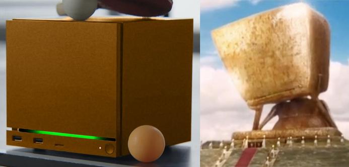 A side by side comparison of a edited version of a steam machine and deep thought from the Hitchhikers guide to the galaxy (a giant computer that looks like a person with a huge cuboid head in a thinking pose, with a thin slit partially illuminated in green to indicate talking, and a small eye on the right side).
The steam machine has been recoloured to the same rough brassy texture as deep thought, the LED bar at the bottom is recoloured green (and darkened on either edge) to mimic the mouth. They look eerily similar.