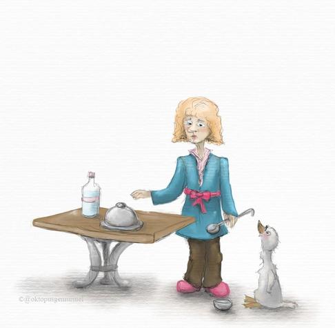 Die Zeichnung zeigt eine Frau neben einem Tisch. Auf dem Tisch steht eine Flasche und ein abgedeckter Teller. In der linken Hand hält die Frau eine Schöpfkelle, während sie mit der rechten nach der Abdeckung greift. Dabei blickt sie unschlüssig Richtung eines hungrig wirkenden Schwanenkükens, welches neben ihr vor einem leeren Napf steht und sie anblickt. Die Frau trägt einen blauen Morgenrock mit rosa Schleife vor dem Bauch, braune schlabberhosen und rosa Pantoffeln.