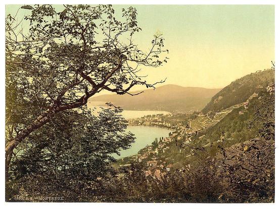 This image depicts a picturesque landscape view, seemingly from an elevated vantage point overlooking Montreux in Switzerland. The foreground is dominated by the intricate branches and leaves of trees with a warm sepia tone that suggests age or artistic manipulation to evoke nostalgia. Beyond this natural frame, a serene lake stretches out into the distance, reflecting soft light indicative of either sunrise or sunset hues. Nestled along its shores are buildings and structures suggesting both residential areas and possibly historic architecture. The hillside on which Montreux is located features terraced gardens or vineyards that follow the contour lines naturally carved by erosion and human cultivation over time.

The photo carries a historical quality, as evidenced by textual annotations at the bottom right corner reading "1906" followed by "- MONTREUX." This indicates it may be an old postcard from around 1906. The overall composition captures both natural beauty and architectural charm in harmony with its surroundings.