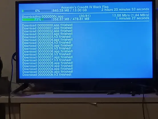 Screenshot of NuSspli for the Wii U. It shows a download of Assassin's Creed IV Black Flag and it is at 6% download
