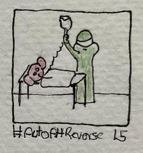 A cartoonish doctor in green attire, eyes covered with a cloth, holds an IV bottle over a pink elephant lying on a bed. The scene is labeled "#AutoAltReverse15”