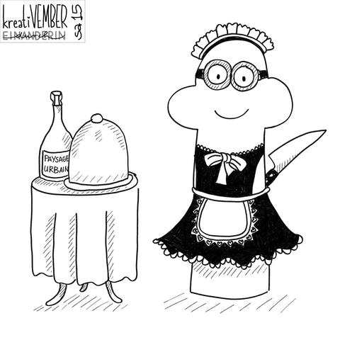 Digitale Schwarz-weiß-Zeichnung: ein Meeple in schwarzer Schürze mit weißen Rüschen und passender Haube steht mit einem großen Küchenmesser hinter dem Rücken in der Hand neben einem kleinen, runden Tisch mit weißer Tischdecke. Auf dem Tisch ein noch mit einer Glosche abgedeckter Teller und eine Flasche Champagner. Auf dem Etikett steht "PAYSAGE URBAIN" (französisch für "Stadtbild"). Und vielleicht wurde mit der Lichtspiegelung auf der Glosche so eine Art Frisur angedeutet und dass sich darunter ein Kopf oder ähnliches befinden könnte.