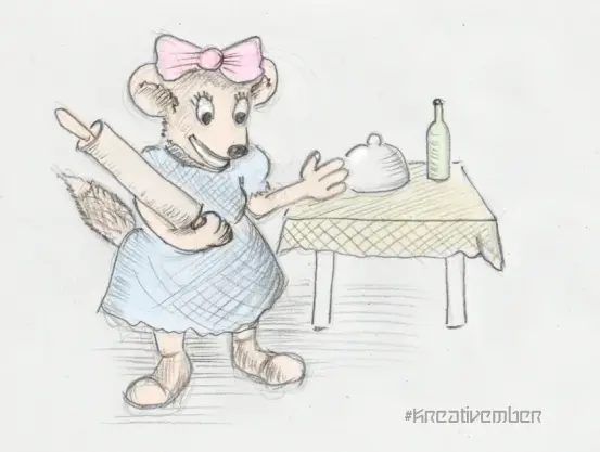 Sketch of a happy cartoon weasel in a blue dress with a big bow on its head. It point to a laid table. In the other hand it has a rolling pin, which looks a little threatening.