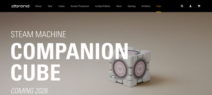 Screenshot der Dbrand-Webseite. es zeigt einen Companion-Cube im Hintergrund. Im Vordergrund der Text "Steam Machine Companion Cube"