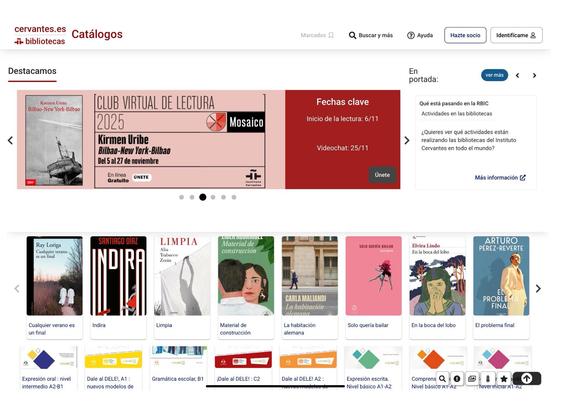 Eine Webseite von cervantes.es mit einem virtuellen Leseclub mit Informationen zu Terminen und Anmeldung. Im Folgenden werden verschiedene Buchumschläge angezeigt, darunter Titel wie "Indira", "Limpia" und andere, die sich auf das Sprachenlernen beziehen. Das Layout enthält Navigationsoptionen