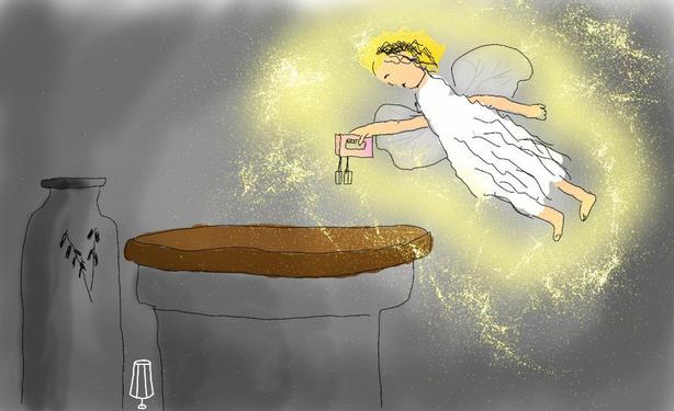 Zeichnung digital. Eine Schüssel, abgedeckt und eine Flasche mit Hafermilch.
Eine Elfe in weißem Kleid mit einem Rührgerät in der Hand.