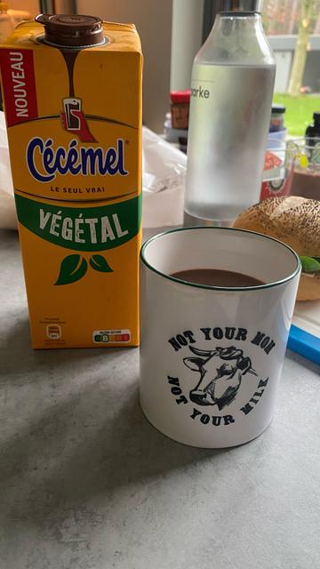 a porcelain cup with a cow's face and text: not your mom not your milk.
On a dinner table, also a carton of vegetal cecemel mil is behind the cup.