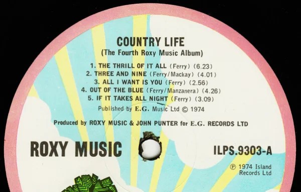 Label of the Roxy Music album 'Country Life', featuring track listings and production credits.