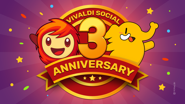 Illustration of the Vivaldi Social mascot Tony and a cheerful yellow Mastodon mascot celebrating three years. They stand beside a large golden number three with a red banner that reads Vivaldi Social Anniversary. Confetti and stars fill the background.