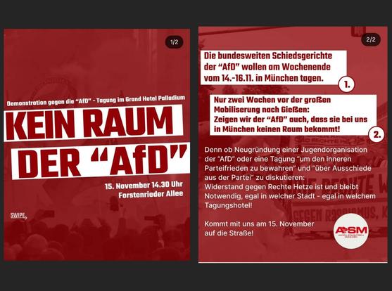 Sharepic zur Demo gegen dir Tagung der bundesweiten Schiedsgerichte der AfD.
15. November, 14:30 Uhr, Forstenrieder Allee.
Aufruf vom Antifa-Stammtisch München