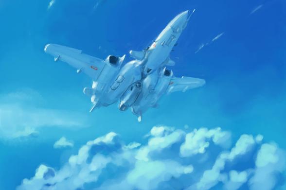 Digital painting of white sci-fi recon jet, seen from below as it flies above the clouds