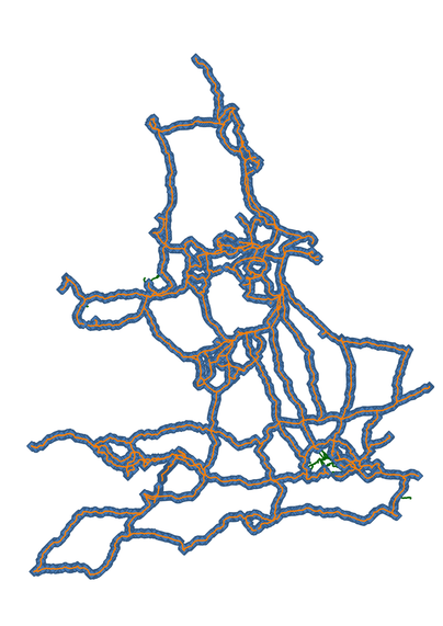 A map showing National Grid power lines in orange, cables in dark green and towers as blue diamonds.