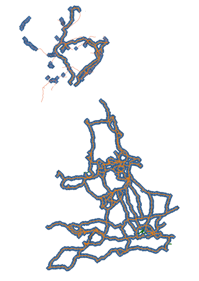A map showing National Grid and Scottish & Southern Electricity Networks power lines in orange, cables in dark green and towers as blue diamonds.