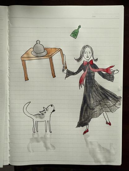 „A hand-drawn cartoon features a character wearing a dress with a bow. It is holding a cooking utensil in one hand, while standing next to a table with a covered dish and a bottle. The scene is drawn in a simple sketchy style.“ with added doggo