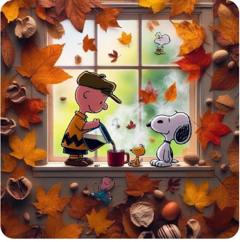 Charlie Brown (mit Basecap) Snoopy und Woodstock sitzen am Fenster und genießen ihren Kaffee. Um das Fenster wirbelt buntes Herbstlaub