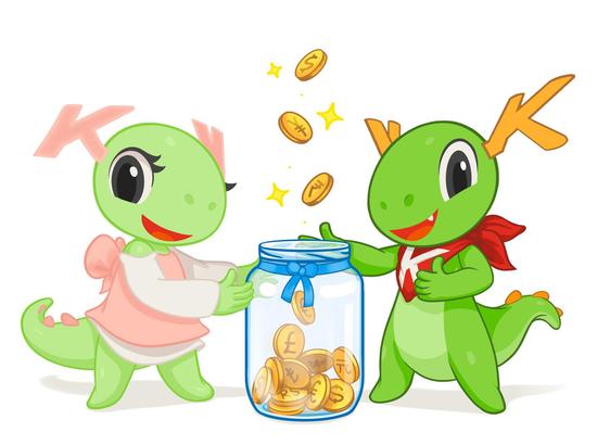 The KDE dragons, Katie and Konqi, stand on either side of a jar into which golden coins are falling.