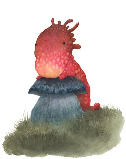 a slug like creature with no  mouth sitting on a blue mushroom. It has various growths out of the back of its head and tiny beady black eyes and a nobbly texture all over its body. It is a bright reddish pink.