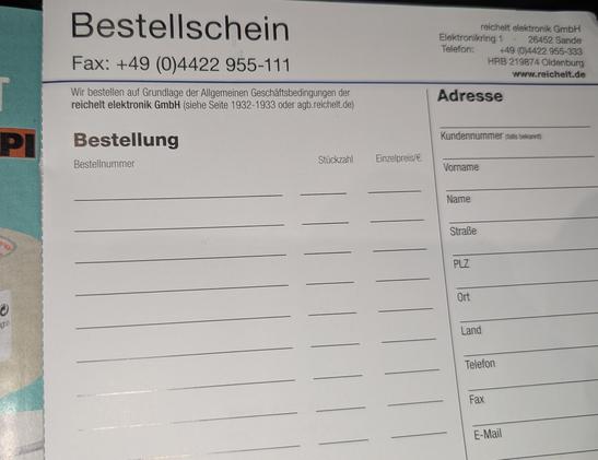 Foto von einem klassischen Katalog-"Bestellschein" aus dem Hauptkatalog von reichelt. Unter der Überschrift ist in großen Buchstaben die Faxnummer angegeben.