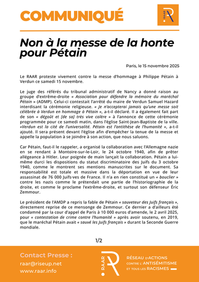Communiqué du RAAR "Non à la messe de la honte pour Pétain" - Page 1 https://raar.info/2025/11/non-a-la-messe-de-la-honte-pour-petain/