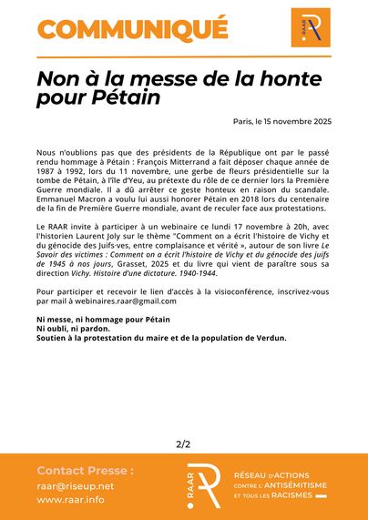 Communiqué du RAAR "Non à la messe de la honte pour Pétain" - Page 2 https://raar.info/2025/11/non-a-la-messe-de-la-honte-pour-petain/