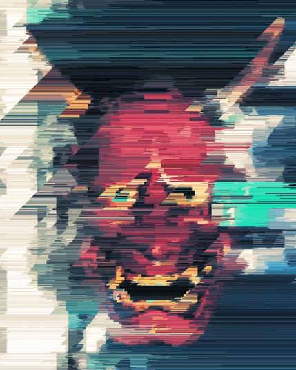 Glitch art of a Hannya mask commonly used in Japanese Noh Theatre. The pixels are being pulled left to right and right to left
